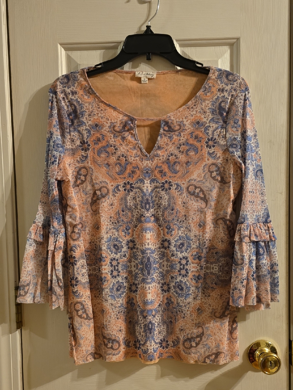 Jane and Delancey Peach and Blue Paisley Keyhole Bell-Sleeve Tunic